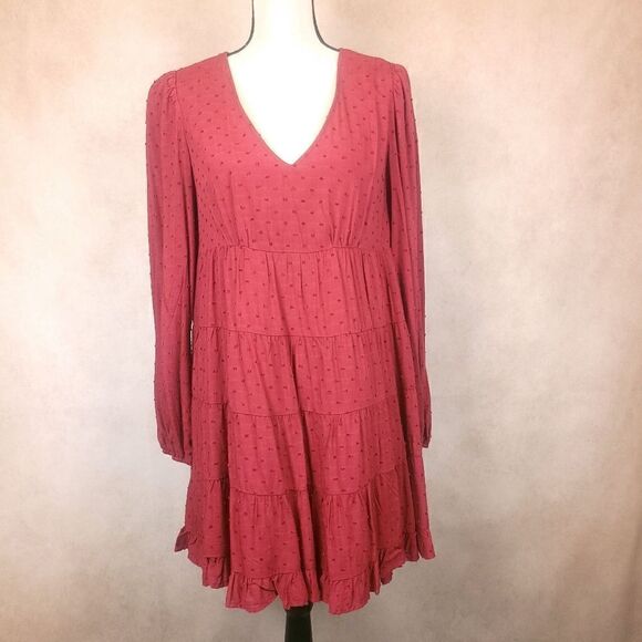 Urban Outfitters Textured Long Sleeve Frock Dress Red Size Small - Picture 2 of 10